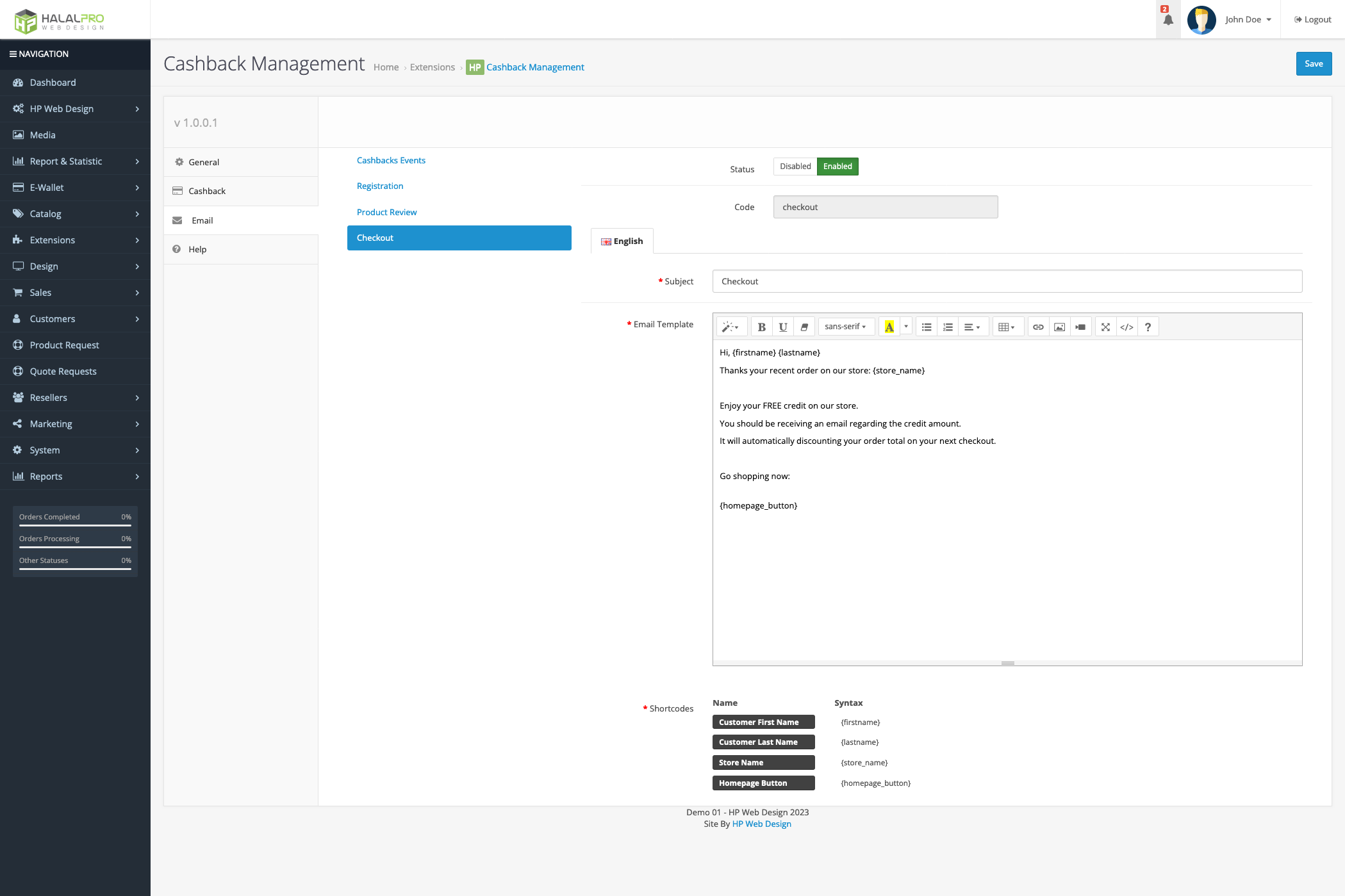 email notification setting upon customer get cashback on opencart online store